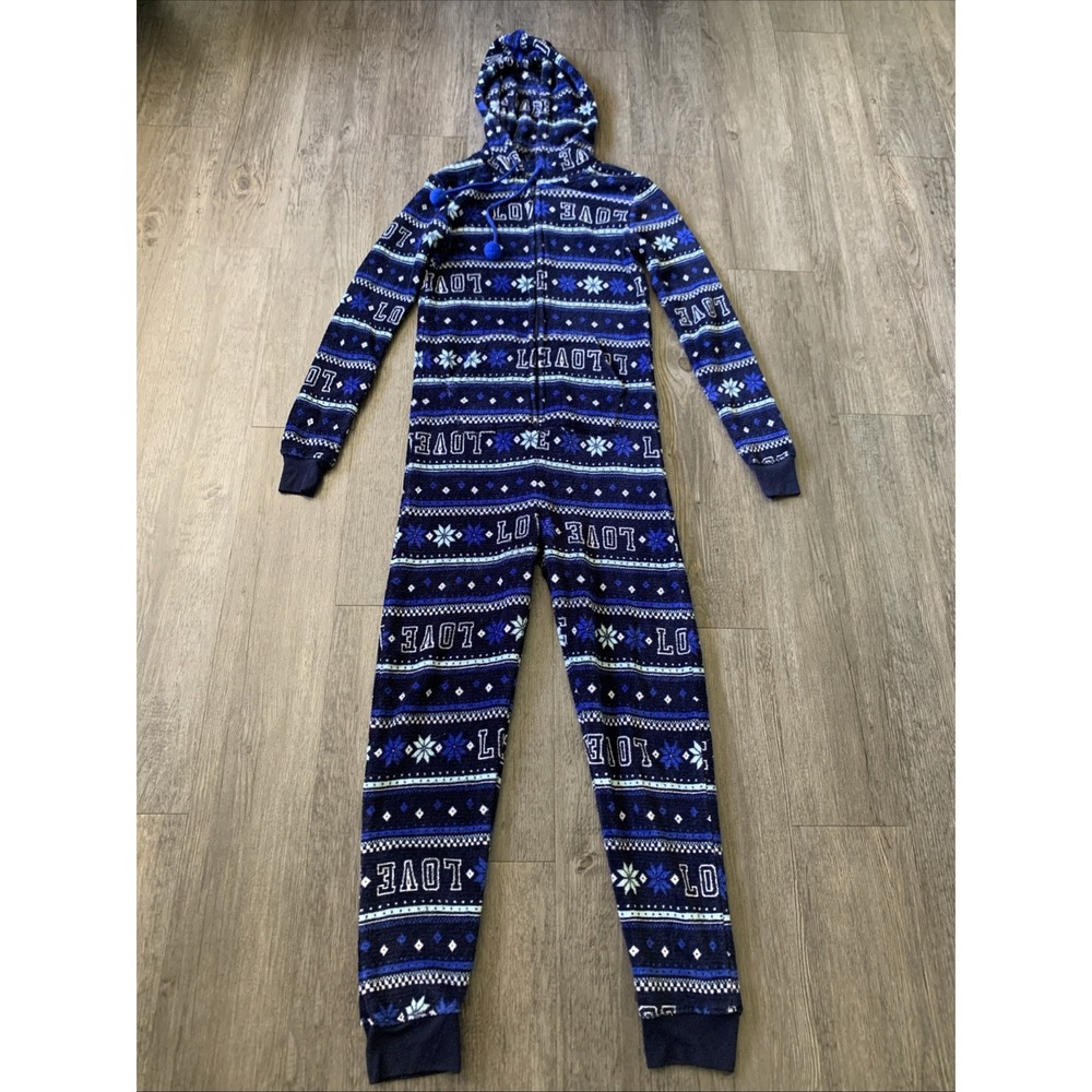 SO brand BLUE WHITE FLEECE SLEEPER 1 PC PAJAMA size XS LOVE soft! hood